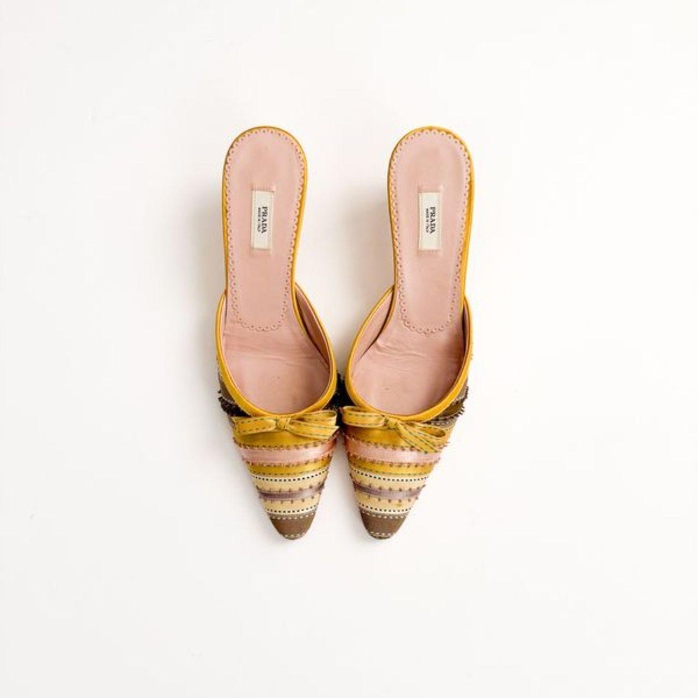 Prada striped woven pointed toe mule heels vintage designer luxury US 6 IT 36